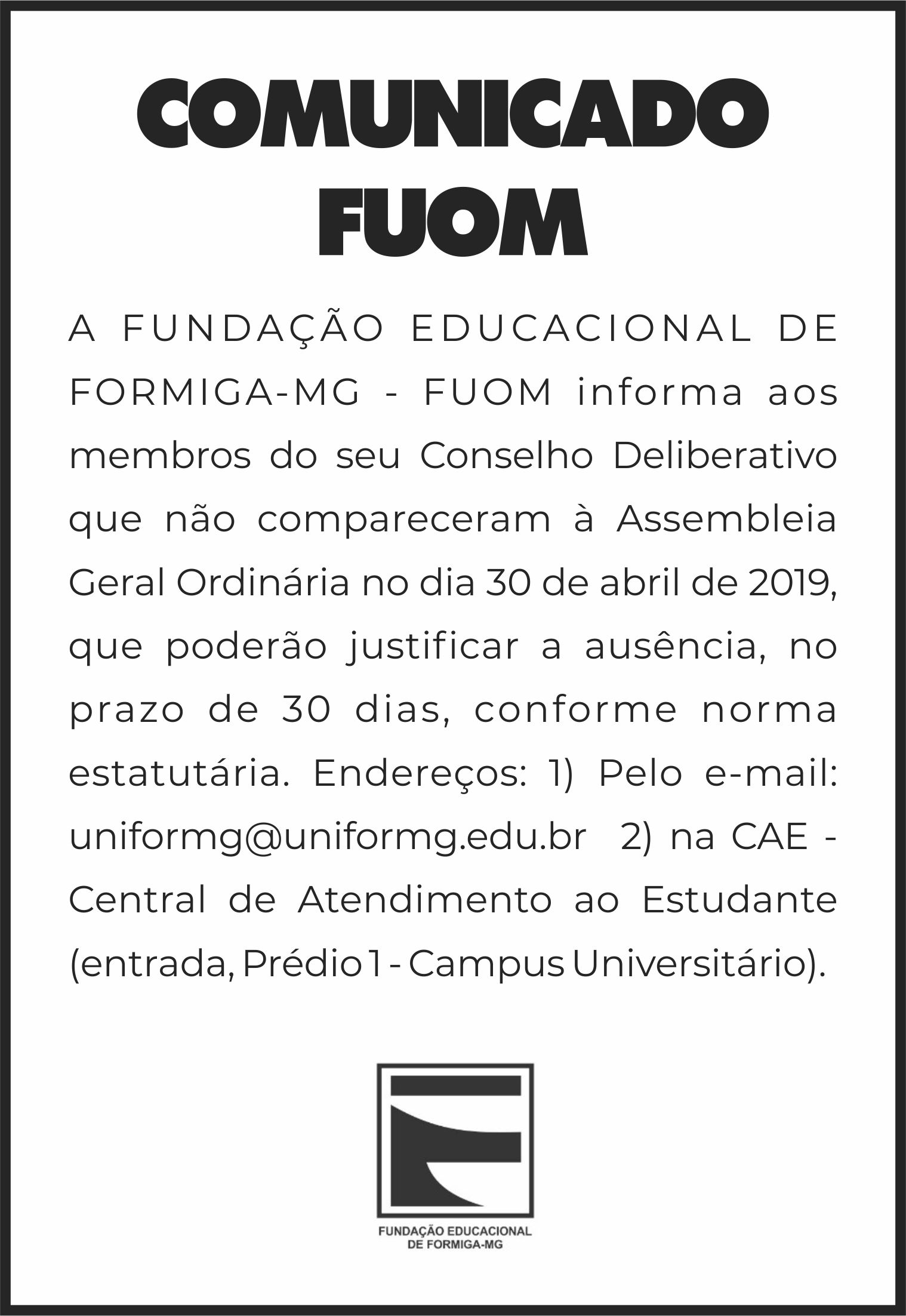 COMUNICADO DA FUNDAÇÃO EDUCACIONAL DE FORMIGA-MG – FUOM