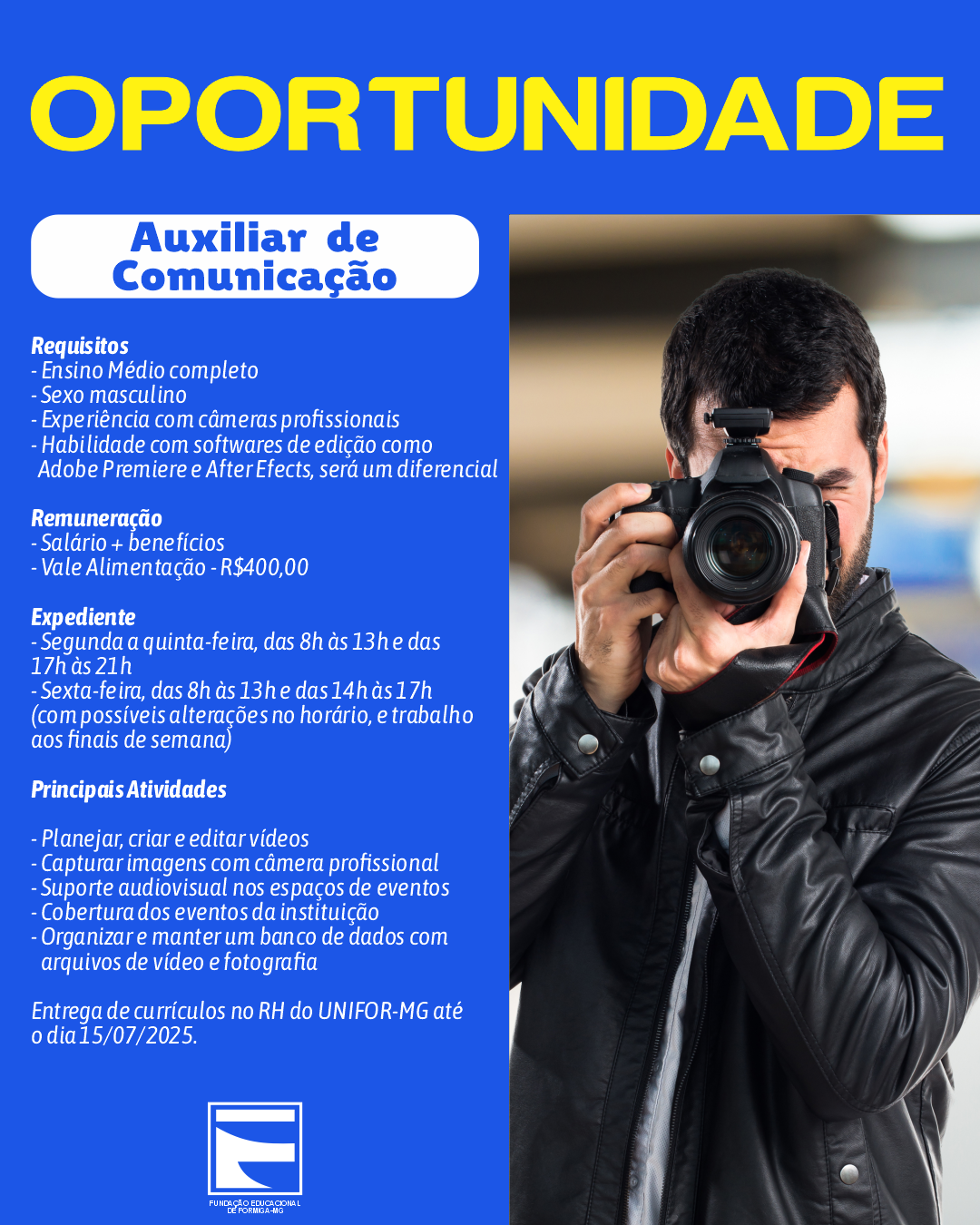 UNIFOR-MG ABRE VAGA PARA AUXILIAR DE COMUNICAÇÃO