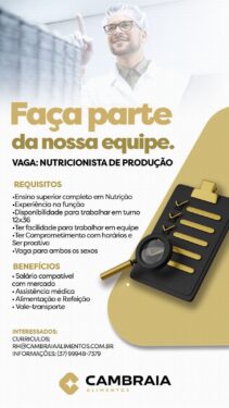 CAMBRAIA ALIMENTOS OFERECE VAGA PARA NUTRICIONISTA DE PRODUÇÃO